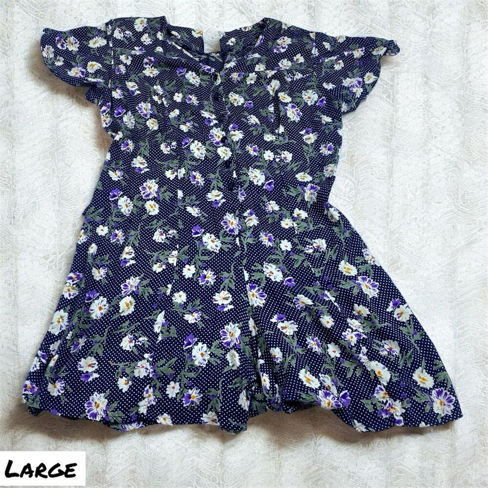 VTG 90s Basic Editions Floral Romper Womens Size Large Buttons Lace Up Blue Dots
